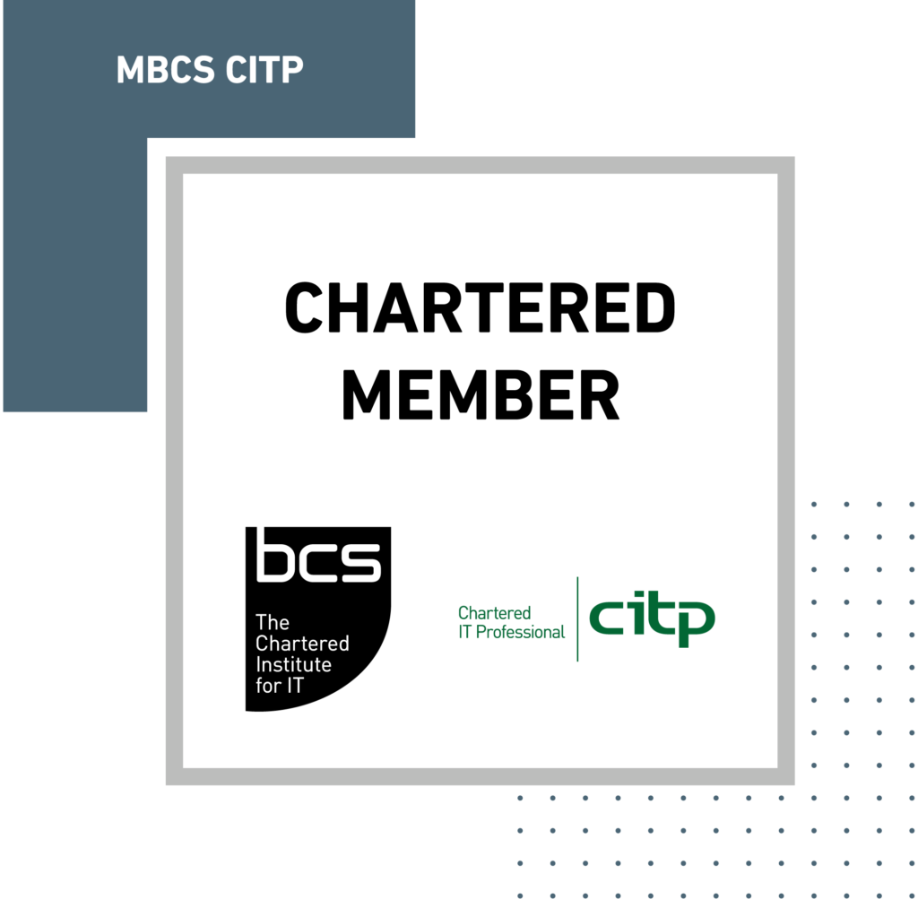 British Computer Society (BCS) logo. Chartered Member